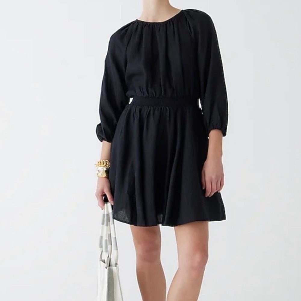 J.Crew Palermo Smocked Waist Linen 3/4 Sleeve Dress Black New